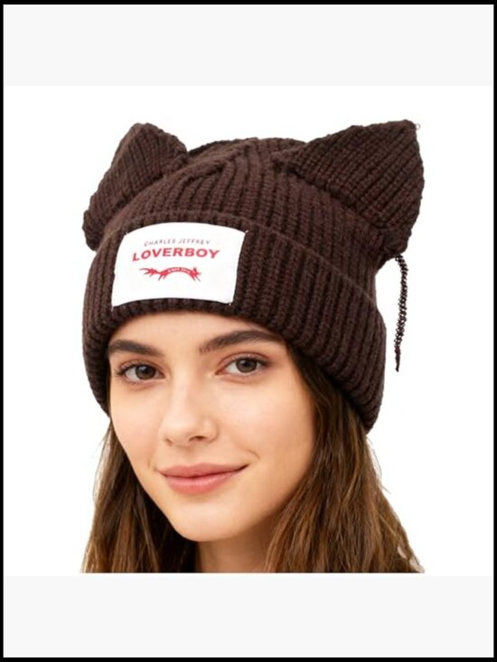 Knitted Slouchy Beanie Hat with Cute Bunny Ears, Crochet Winter Warm Hat for main image 4